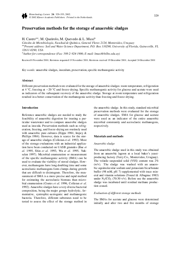 (PDF) Preservation methods for the storage of anaerobic sludges