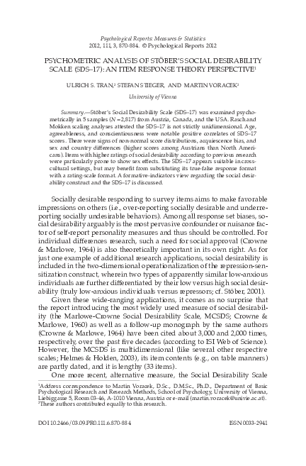 (PDF) Psychometric Analysis of Stöber's Social Desirability Scale (SDS ...