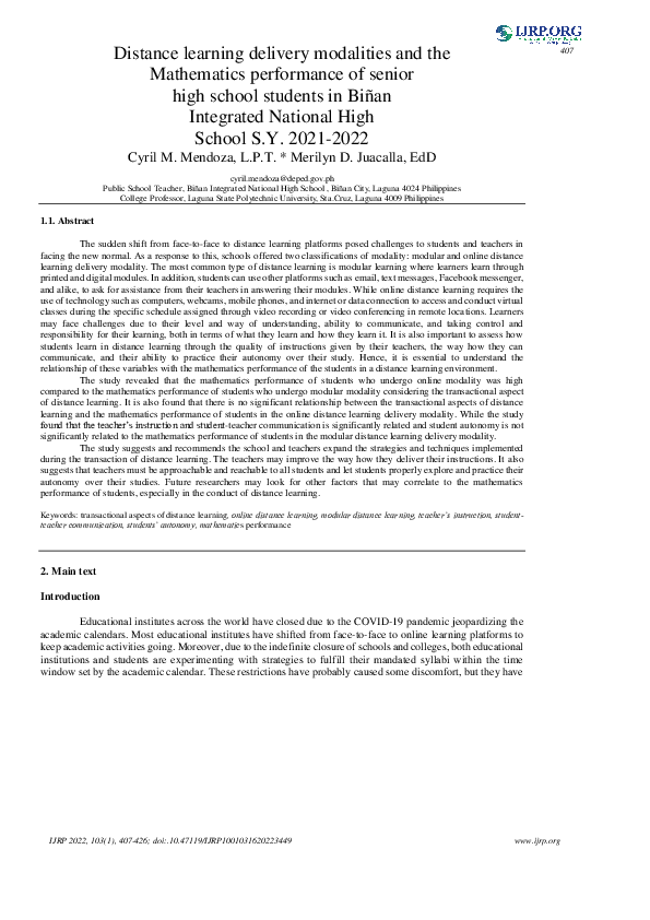 (PDF) Distance Learning Delivery Modalities and the Mathematics ...