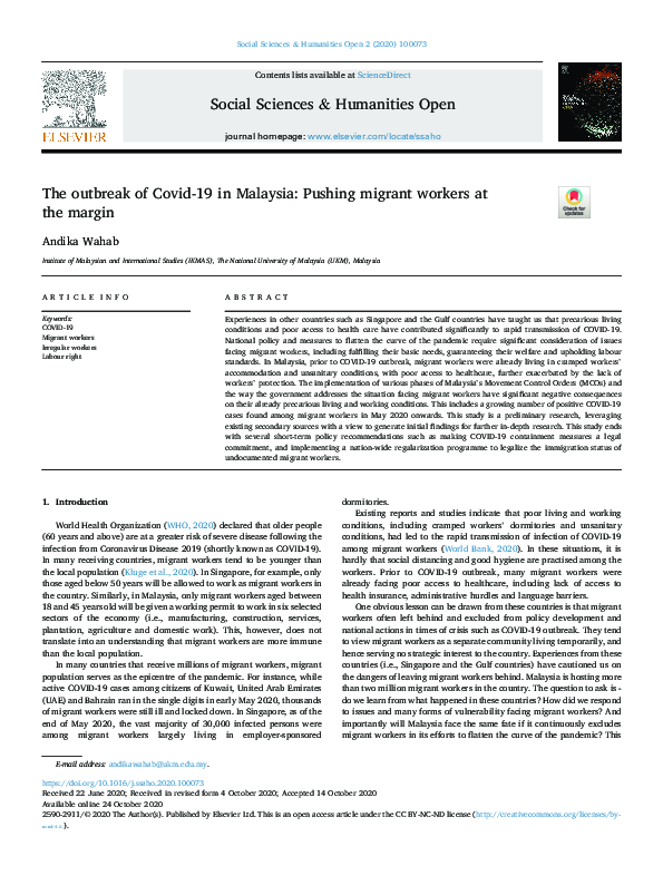 (PDF) The outbreak of Covid-19 in Malaysia: Pushing migrant workers at ...
