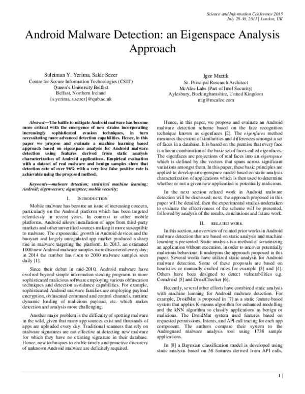 (PDF) Android malware detection: An eigenspace analysis approach