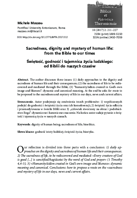 (PDF) Sacredness, dignity and mystery of human life: from the Bible to ...