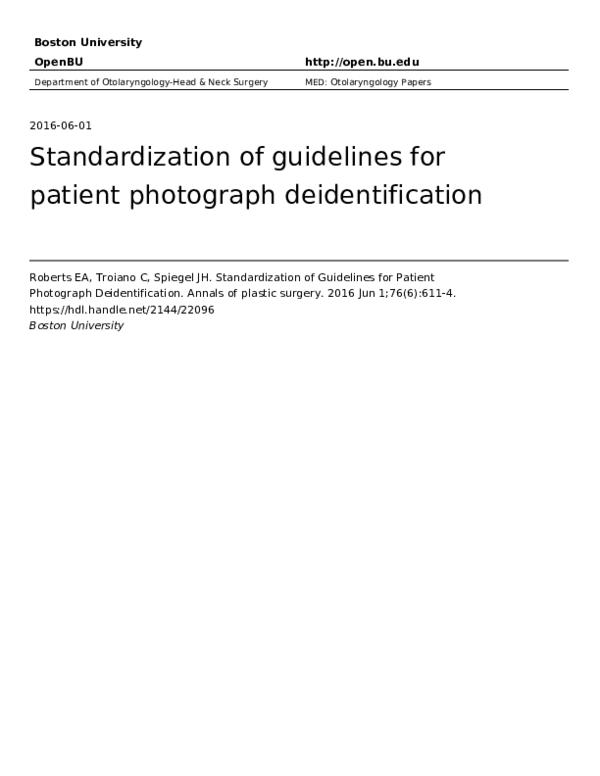 (PDF) Standardization of Guidelines for Patient Photograph Deidentification