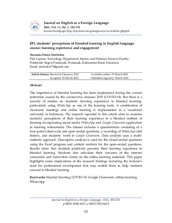 (PDF) EFL students’ perceptions of blended learning in English language ...