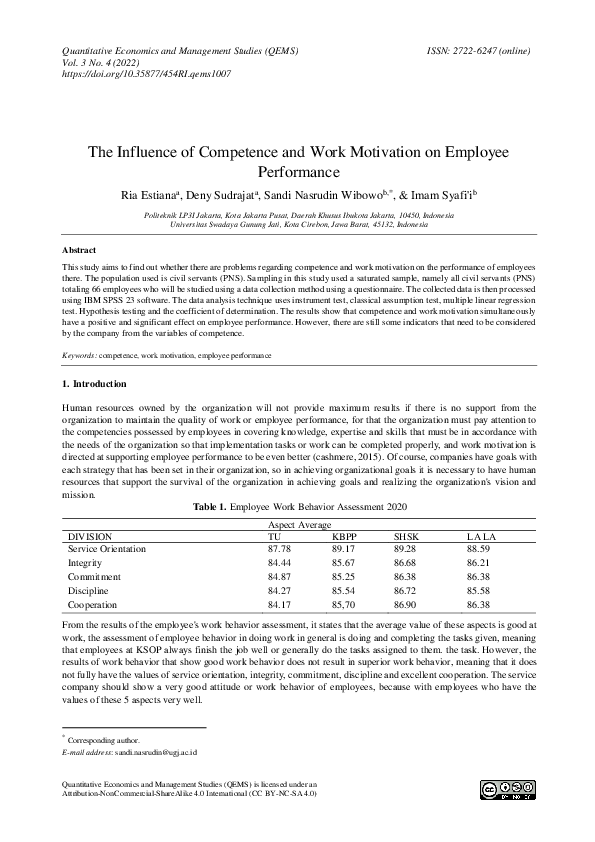 (PDF) The Influence of Competence and Work Motivation on Employee ...