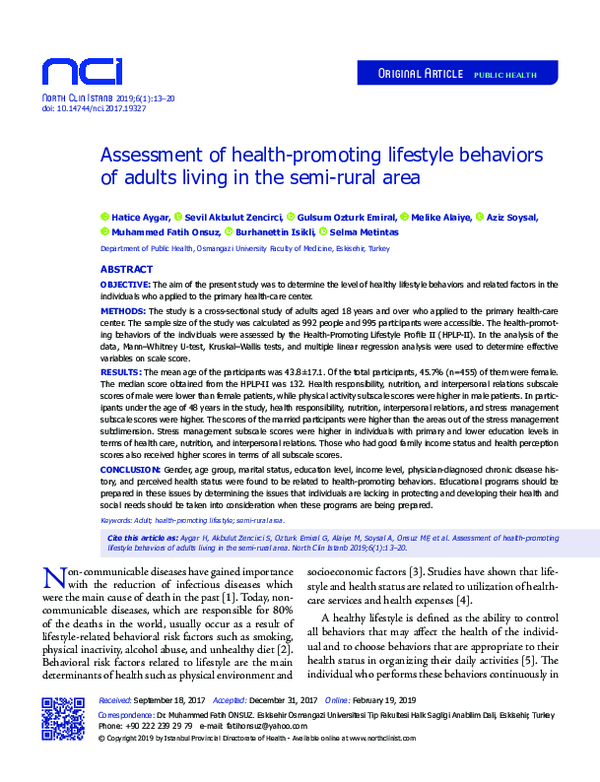 (PDF) Assessment of health promoting lifestyle behaviours of adults ...