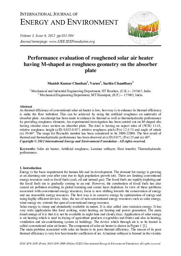 (PDF) Performance evaluation of roughened solar air heater having M ...