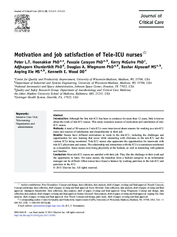 (PDF) Motivation and job satisfaction of Tele-ICU nurses