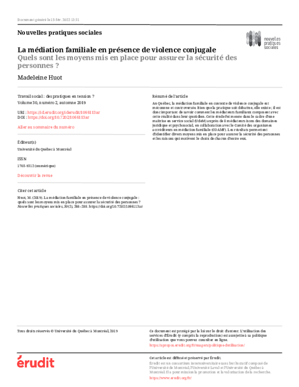 (PDF) La médiation familiale en présence de violence conjugale