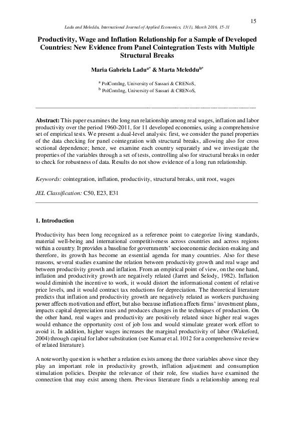 (PDF) Productivity , Wage and Inflation Relationship for a Sample of ...