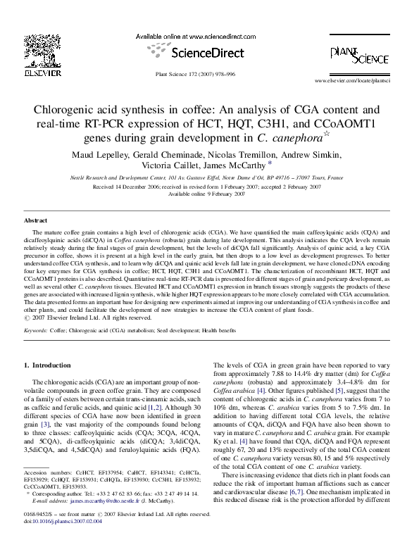 (PDF) Chlorogenic acid synthesis in coffee: An analysis of CGA content ...