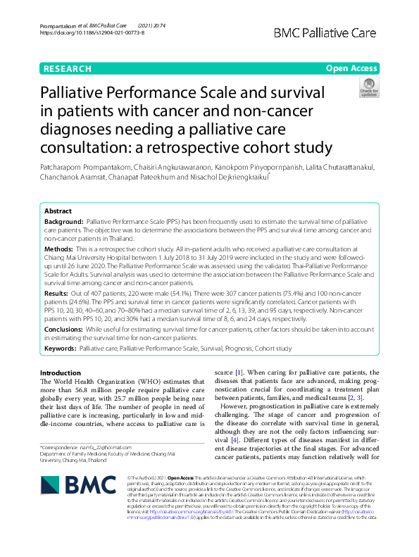 (PDF) Palliative Performance Scale and survival in patients with cancer ...