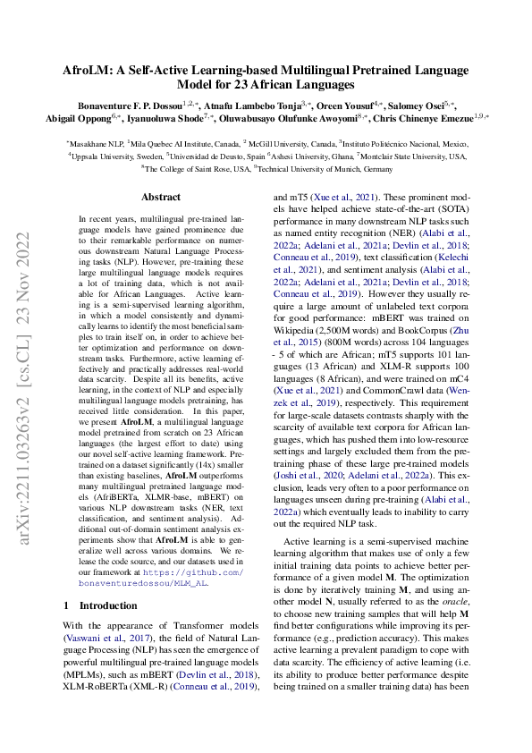 (PDF) AfroLM: A Self-Active Learning-based Multilingual Pretrained ...
