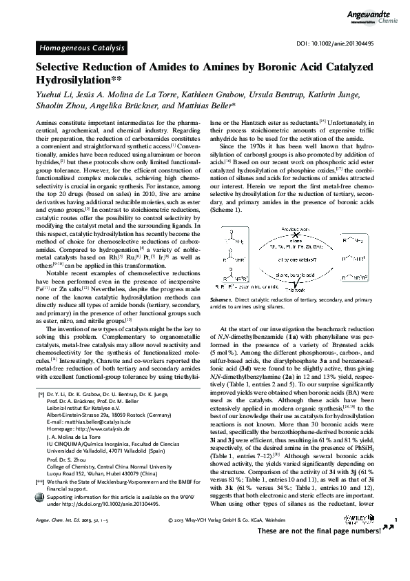 (PDF) Selective Reduction of Amides to Amines by Boronic Acid Catalyzed ...