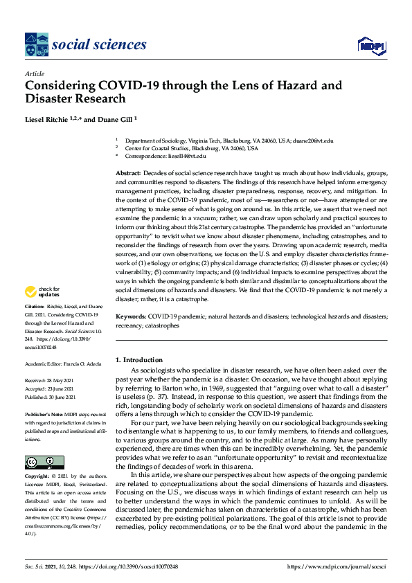 (PDF) Considering COVID-19 through the Lens of Hazard and Disaster Research