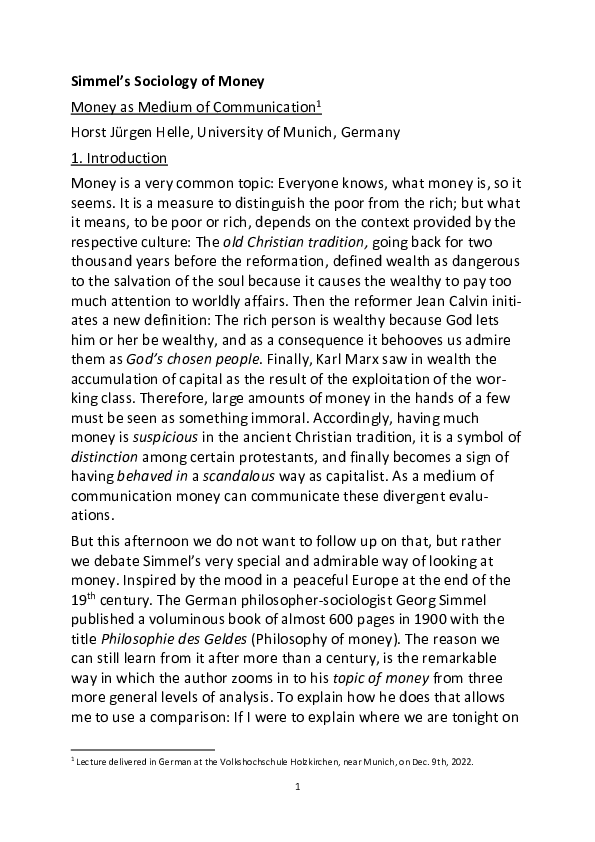 (PDF) Simmel's Sociology of Money