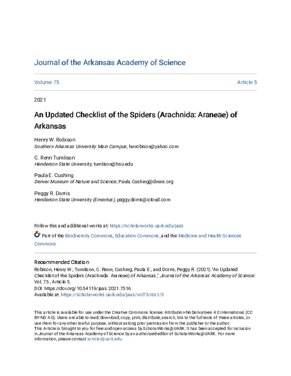 (PDF) An Updated Checklist of the Spiders (Arachnida: Araneae) of Arkansas