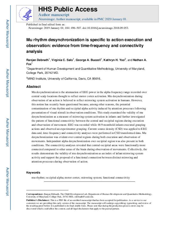 (PDF) Mu rhythm desynchronization is specific to action execution and ...