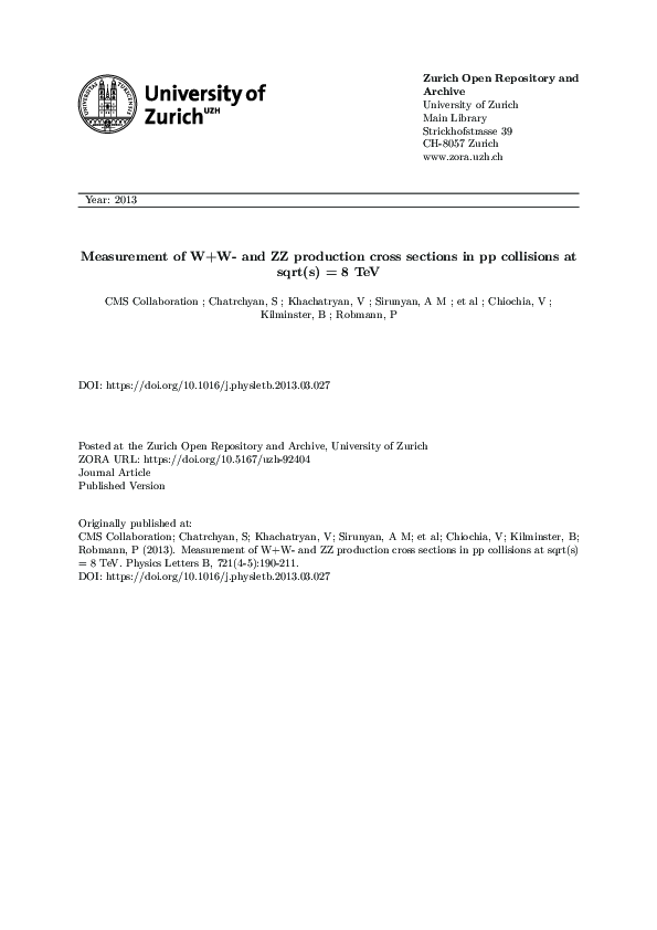 (PDF) Measurement of the W+W− and ZZ production cross sections in pp ...