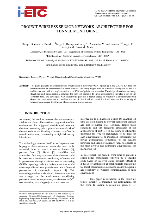 (PDF) Project Wireless Sensor Network Architecture for Tunnel Monitoring sergio kofuji