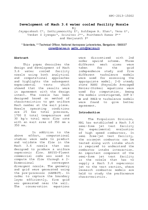 (PDF) Development of Mach 3.6 water cooled Facility Nozzle