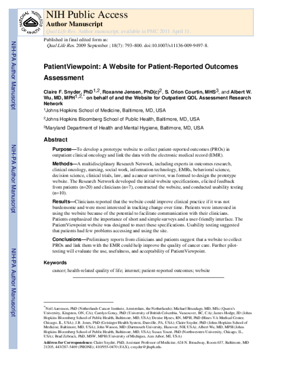 (PDF) PatientViewpoint: a website for patient-reported outcomes assessment