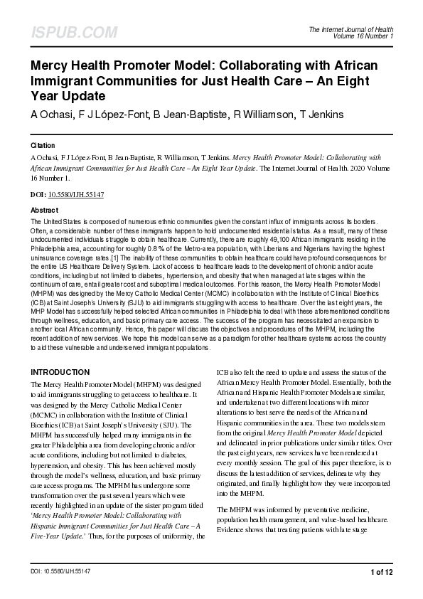 (PDF) Mercy Health Promoter Model: Collaborating with African Immigrant ...