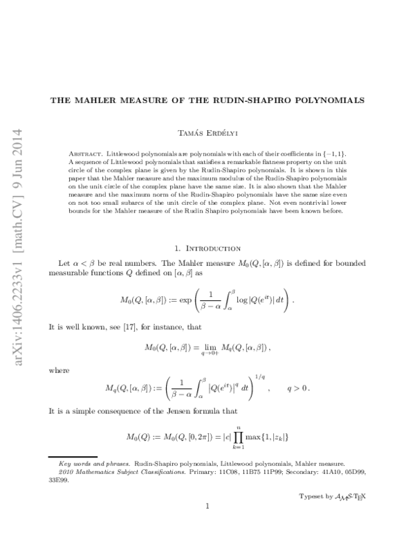 (PDF) The Mahler Measure of the Rudin–Shapiro Polynomials