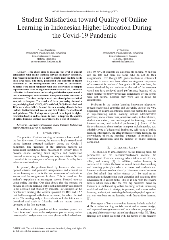 (PDF) Student Satisfaction toward Quality of Online Learning in ...