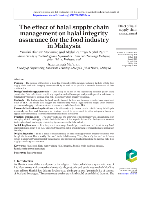 (PDF) The effect of halal supply chain management on halal integrity ...
