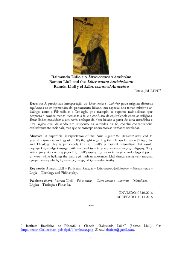(PDF) Raimundo Lúlio e o Livro contra o Anticristo Ramon Llull and the ...