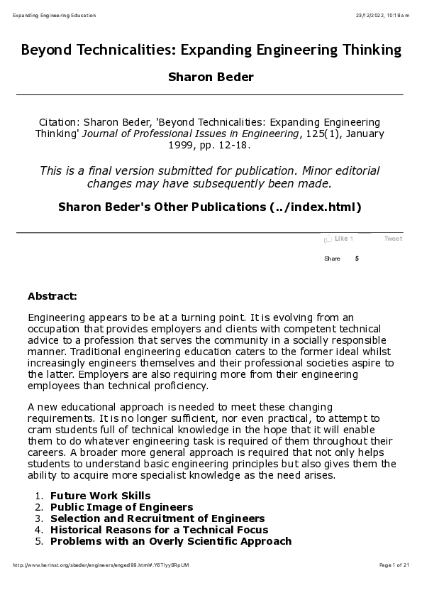 (PDF) Beyond Technicalities: Expanding Engineering Thinking