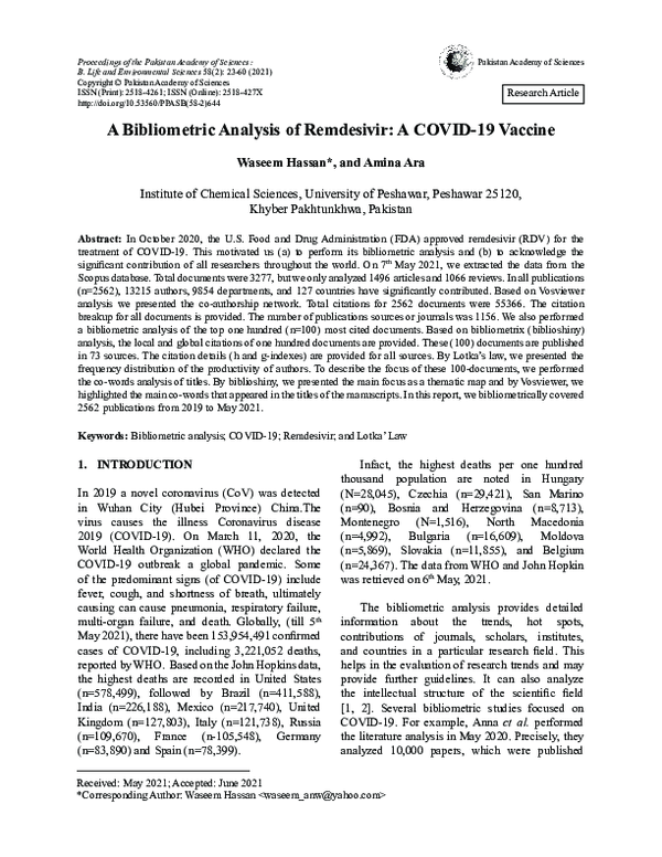 (PDF) A Bibliometric Analysis of Remdesivir: A COVID-19 Vaccine