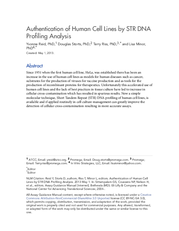 (PDF) Authentication of Human Cell Lines by STR DNA Profiling Analysis