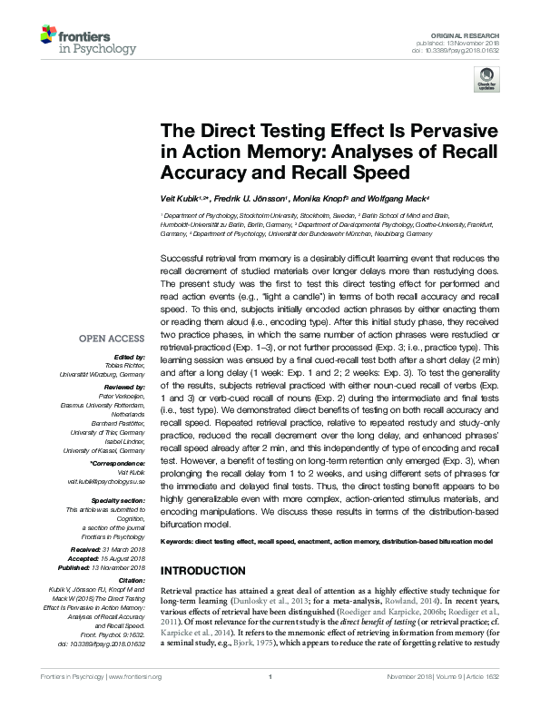 (PDF) Testing Effects on Action Memory Recall
