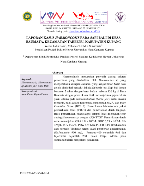 (PDF) Laporan Kasus Haemoncosis Pada Sapi Bali DI Desa Baumata ...