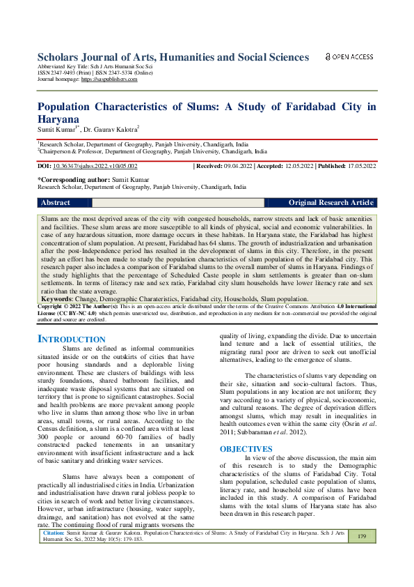 (PDF) Population Characteristics of Slums: A Study of Faridabad City in ...