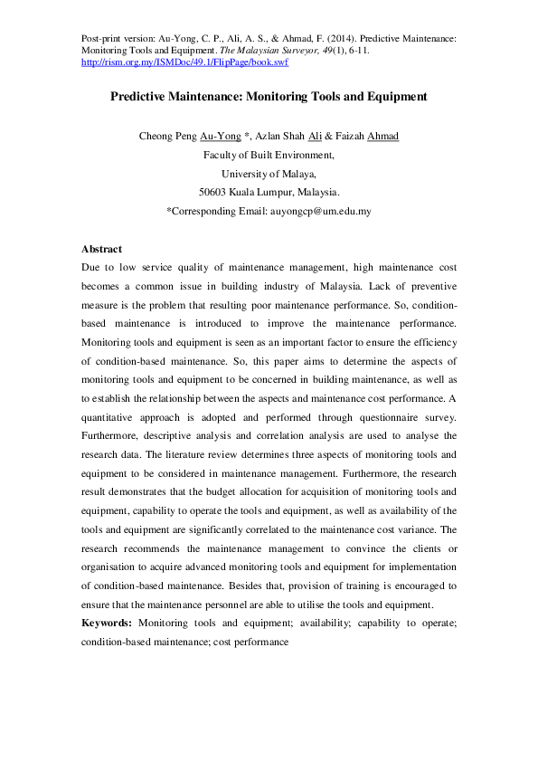 (PDF) Predictive Maintenance Monitoring Tools and Equipment Cheong