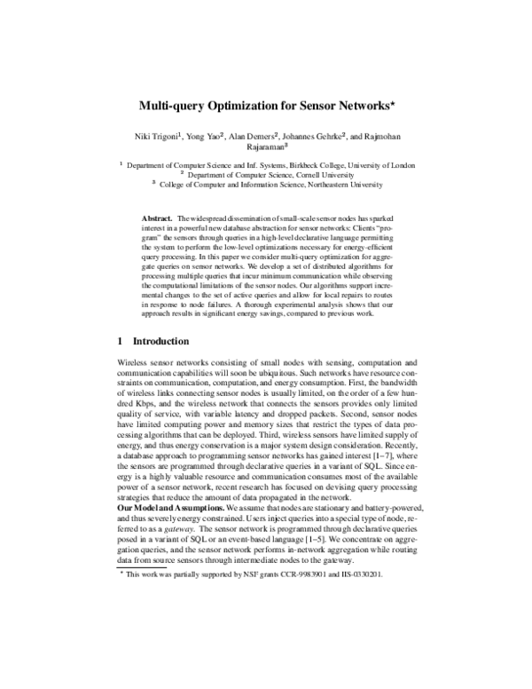 (PDF) Multi-query Optimization for Sensor Networks