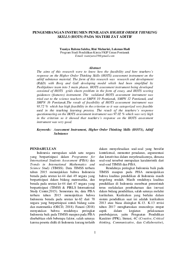 (PDF) Pengembangan Instrumen Penilaian Higher Order Thinking Skills ...