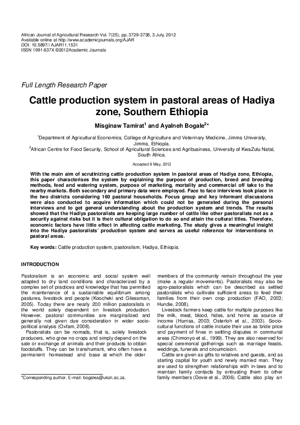 (PDF) Cattle production system in pastoral areas of Hadiya zone ...