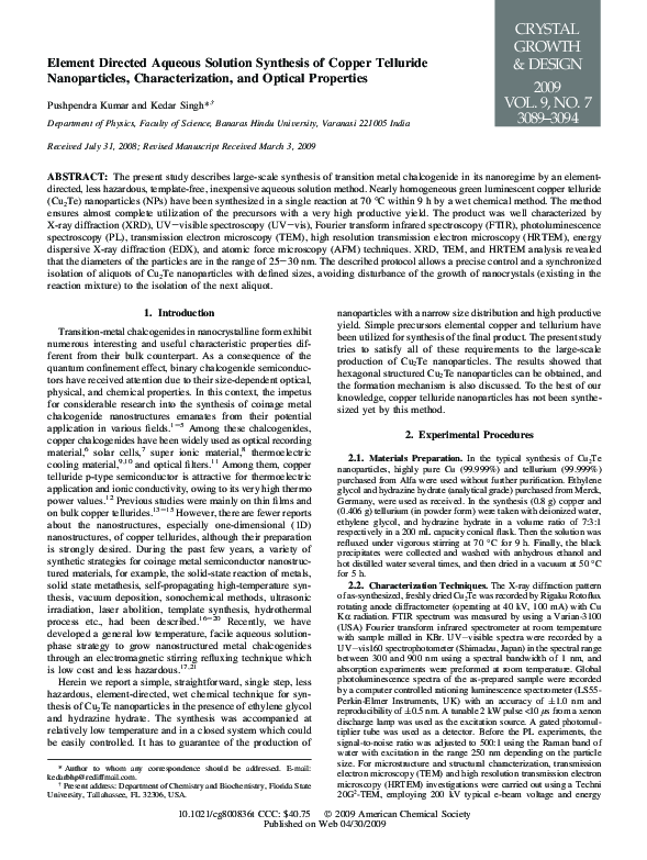 (PDF) Element Directed Aqueous Solution Synthesis of Copper Telluride ...