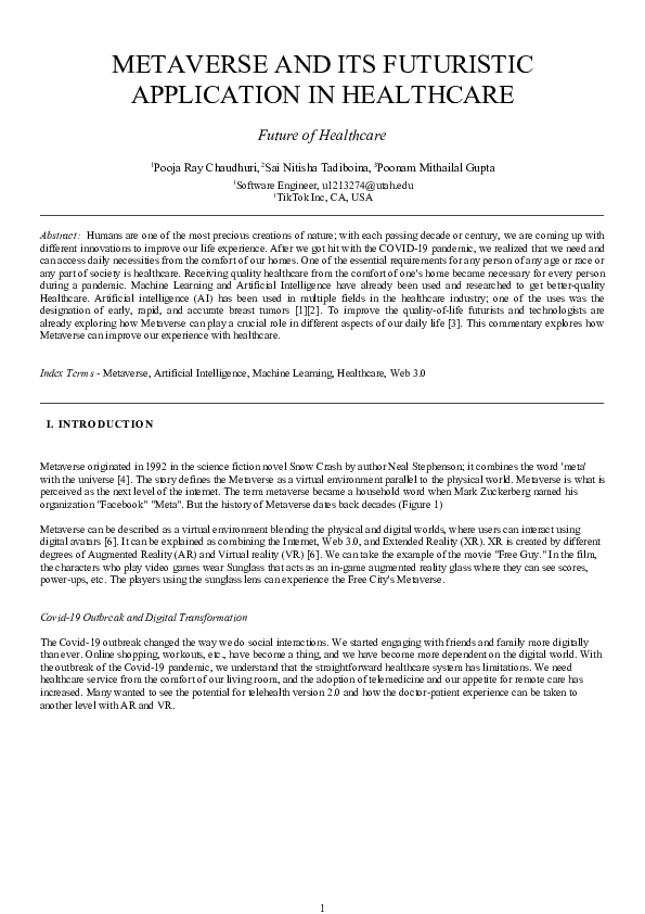 (DOC) METAVERSE AND ITS FUTURISTIC APPLICATION IN HEALTHCARE Future of ...