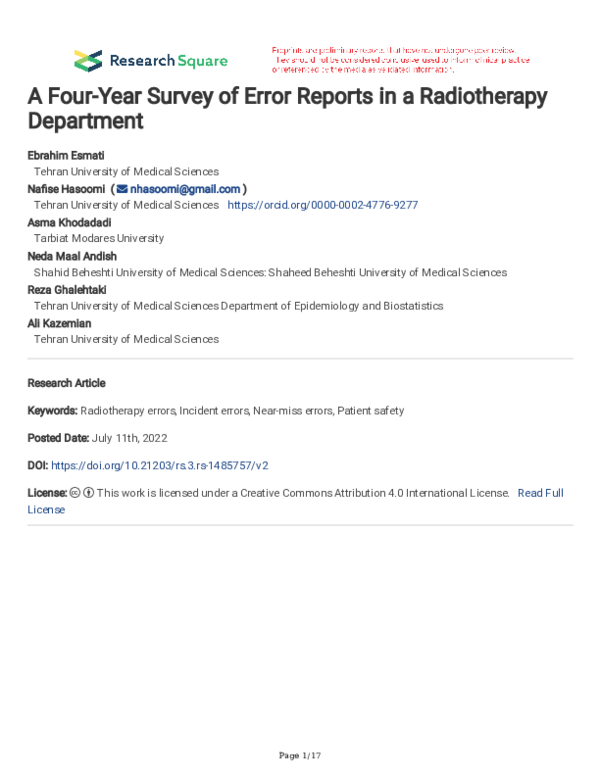 (PDF) A Four-Year Survey of Error Reports in a Radiotherapy Department
