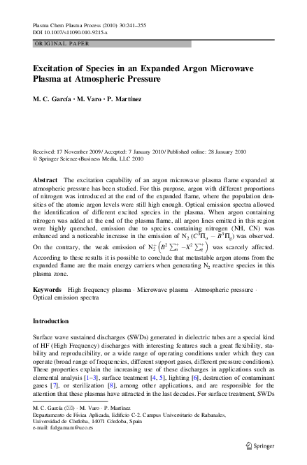 (PDF) Excitation of Species in an Expanded Argon Microwave Plasma at ...