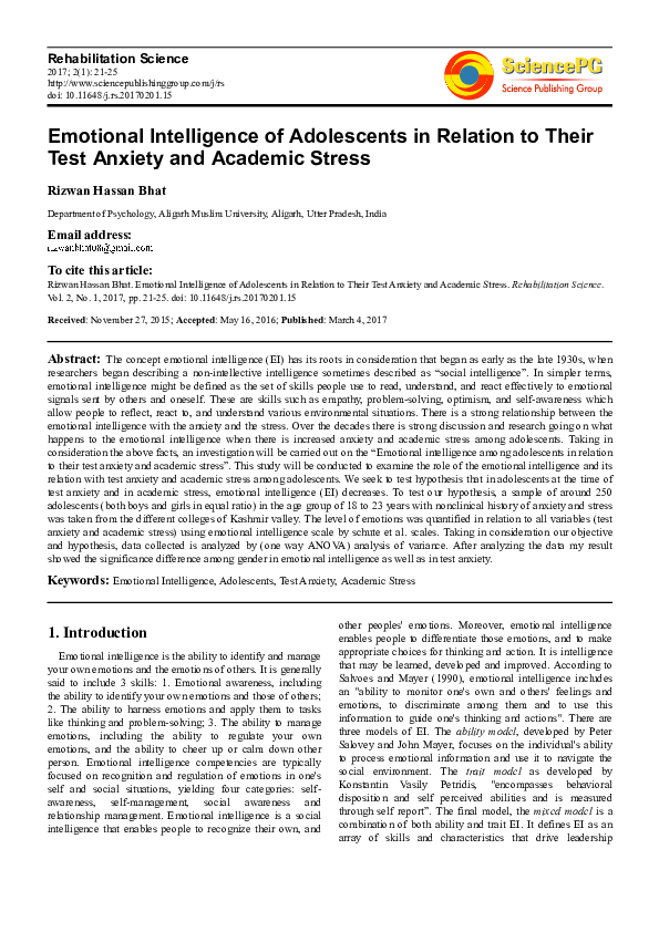 (PDF) Emotional Intelligence of Adolescents in Relation to Their Test ...