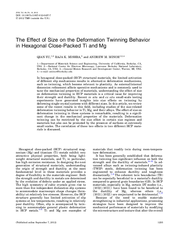 (PDF) The Effect of Size on the Deformation Twinning Behavior in ...