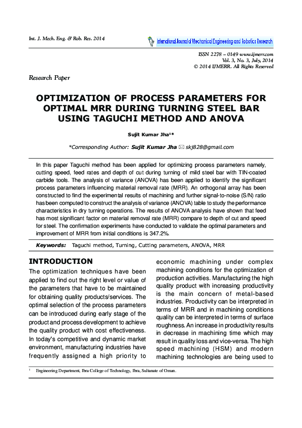 (PDF) Optimization of Process Parameters for Optimal MRR During Turning ...