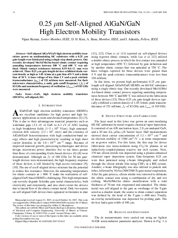 (PDF) 0.25 $\mu\hbox{m}$ Self-Aligned AlGaN/GaN High Electron Mobility ...