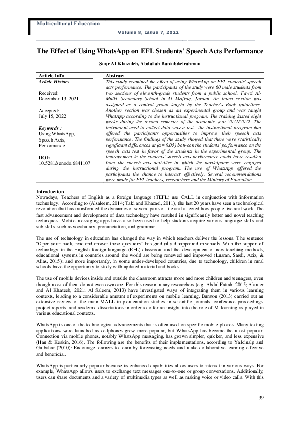 (PDF) The Effect of Using WhatsApp on EFL Students' Speech Acts Performance